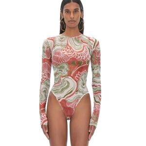 Andrea lyamah Elle Abstract Mushroom Bodysuit Semi-Sheer Mesh Leotard size S C10